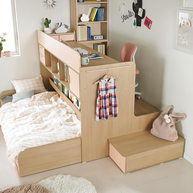 꿈꾸는요셉 엘리 벙커 책상 침대 C세트 방문설치, 핑크