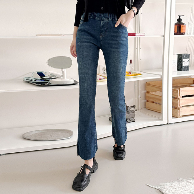 루나진 여성용 스판 슬림 허리밴딩 부츠컷 밑단컷팅 청바지