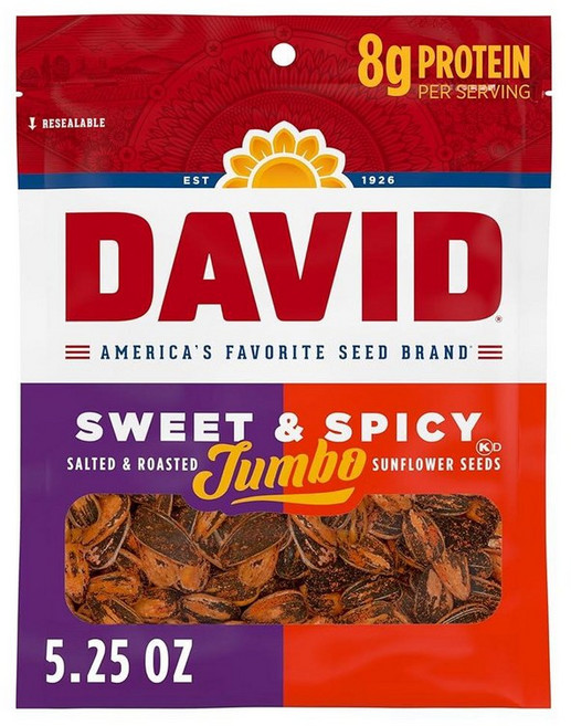 DAVID Seeds 로스트 앤 솔티드 달콤하고 스파이시 점보 해바라기 씨앗 케토 친화적 148.8g(5.1온스) 194657, 5.25 Ounce (Pack of 1), 148.8g, 1개