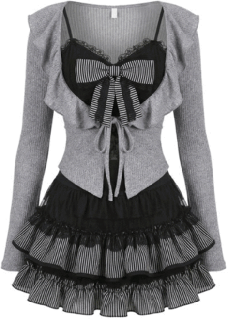 스카이문 (풀세트구성)고스 로리타 프릴가디건+리본+홀터나시+프릴 캉캉 스커트 펑크 룩 코스프레 아이돌 행사 무대의상