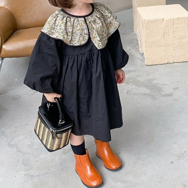 구빠방 아동 플라워 카라 롱 플레어 벌룬 긴팔 원피스