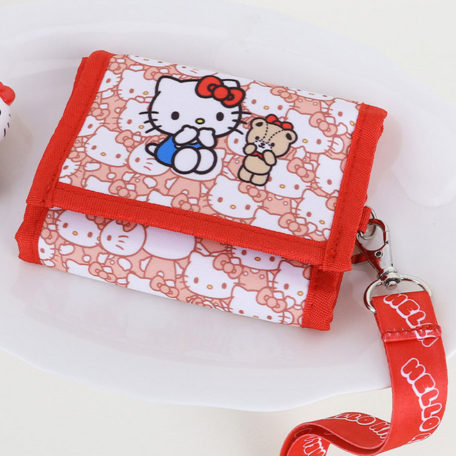 학생용 헬로키티 탈부착 목걸이지갑 산리오 교통카드 동전 와글와글 반지갑 찍찍이형 3단 지갑