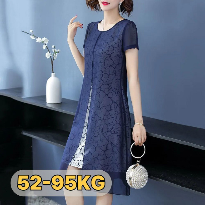 중년여성 여름 쉬폰 레이어드 반팔 원피스 라운드넥 트렌디 원피스 엄마 빅사이즈 50대60대