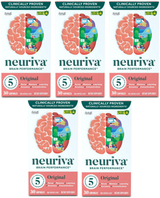 Neuriva 뉴리바 오리지널 브레인 퍼포먼스 뇌 영양제 30캡슐, 5개, 30정