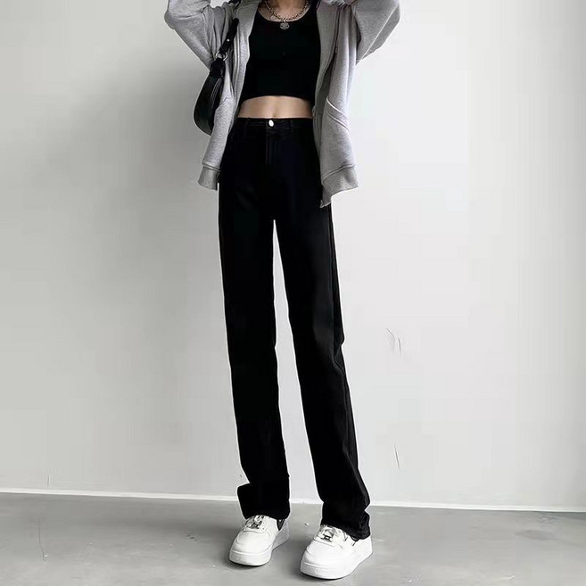 捷美 高腰純色黑色直筒牛仔褲
