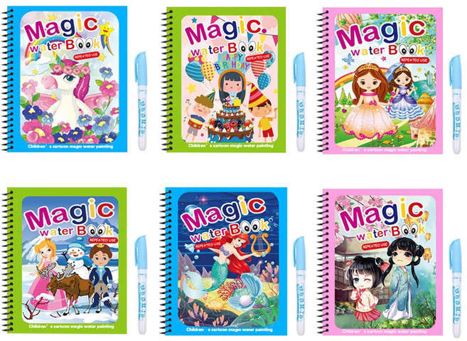 6종 세트 워터 매직 노트 물로 쓱쓱 색칠하는 무한반복 미술 놀이 신기한 컬러링 북 색칠 공부 물 그림 그리기 아쿠아 드로잉, W99056A(A세트, 1세트