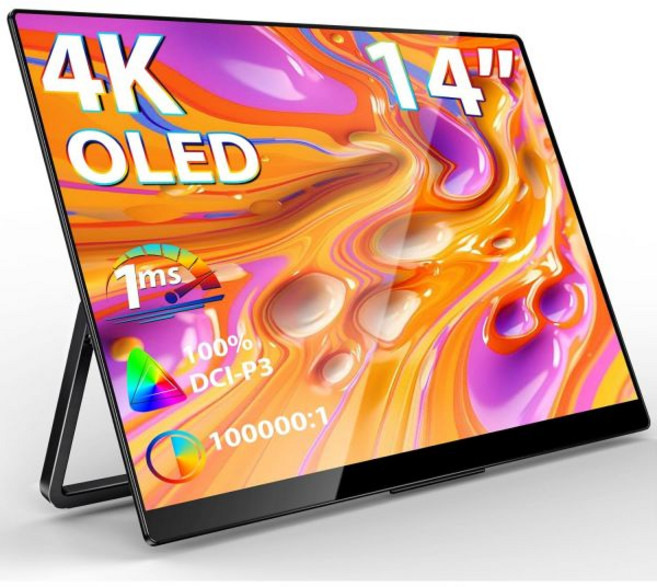 Innoview 4K OLED 휴대용 모니터 노트북용 14인치 UHD 100 DCIP3 스피커 및 스탠드가 있는 1MS 노트북 PC MAC 폰 PS4 Xbox 스위치용 U, 1개