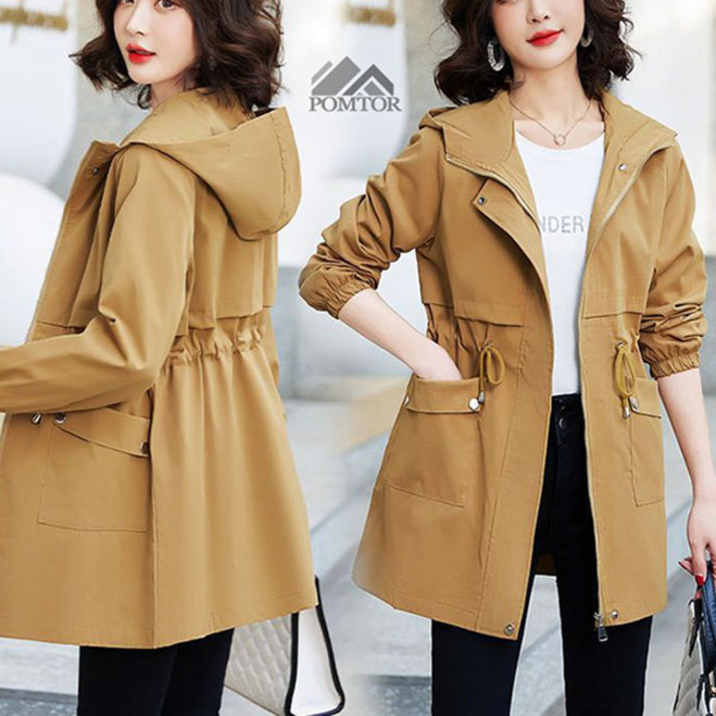POMTOR 여성 봄가을 빅사이즈 캐주얼 자켓 슬림 얇은 미디 후드 트렌치코트
