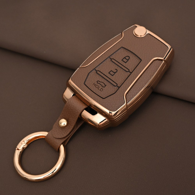 쌍용 렉스턴 티볼리 코란도 TPU 프리미엄 가죽 자동차 스마트 키 케이스 키홀더, 3버튼TL51, 브라운