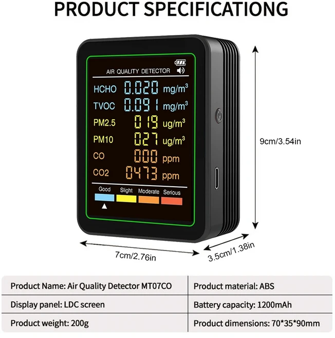 6in 1 에어질 측정기 PM2.5 PM10 TVOC CO2m 포름알데히드 감지기 센서 역류, [02] Black 6-In-1, 1개