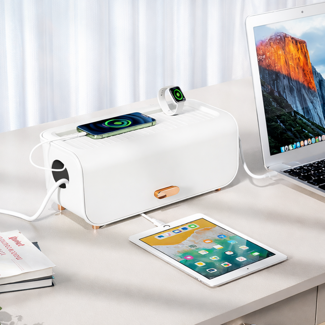 베이직앤드 깔끔 수납 4구 멀티탭 정리함, 화이트, 1개