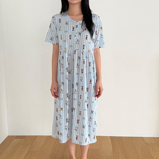 ECLL 부들 반팔 냉감 원피스 잠옷 여성 홈웨어