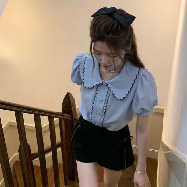 AURALA 여성 예쁜 루즈핏 카라넥 반팔티 여자 여름 캐주얼 체크 퍼프소매 반팔 셔츠