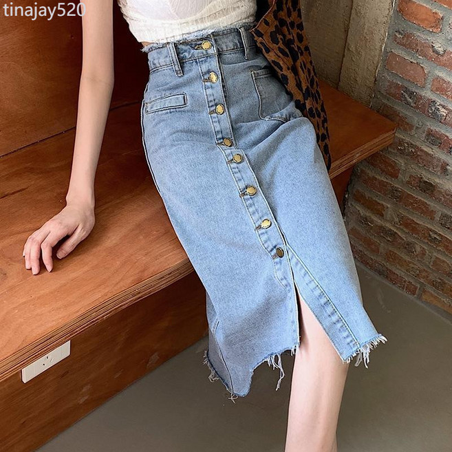 薄款側開叉牛仔半身裙女士夏季新款顯瘦高腰A字中長款包臀裙子