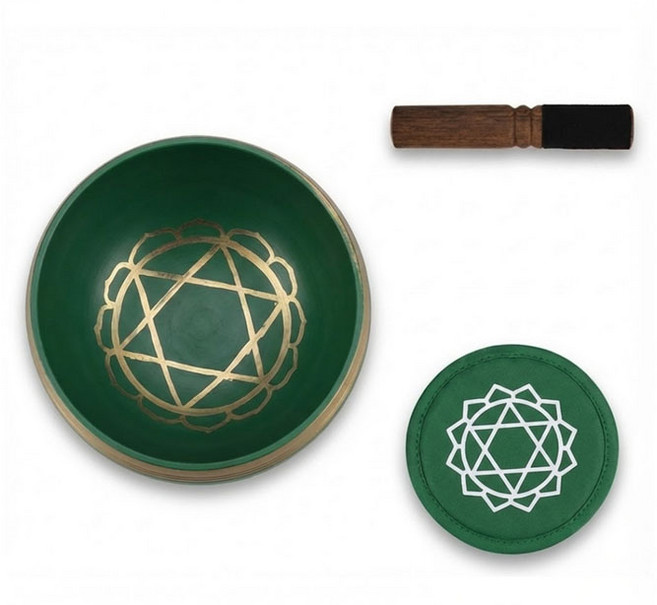 冥想頌缽套裝 含木槌及墊, 綠-心輪, 1個