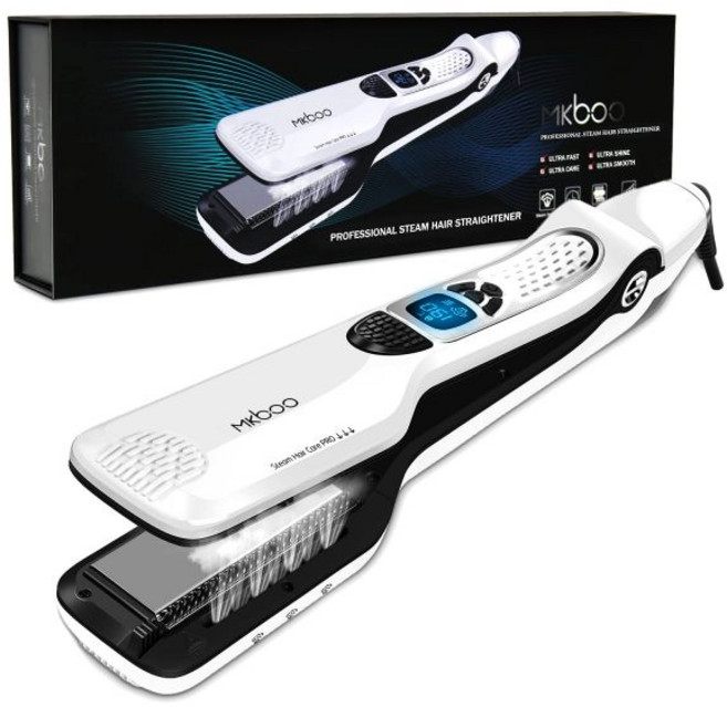 스팀이 있는 MKBOO 헤어 스트레이트너 탈부착 가능한 빗+디지털 LCD+5 레벨 조절 온도+자동 온도 장치 블랙 프로페셔널 나노 티타늄 세라믹 스팀, White