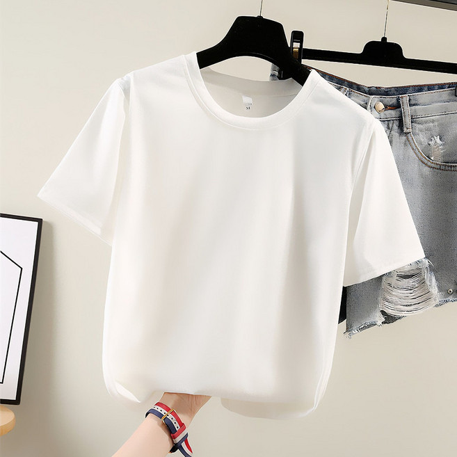 여성용 순면 반소매 티셔츠 중간 길이의 루즈핏 캐주얼 빅사이즈 상의 핑크색 여름용 이너 티셔츠