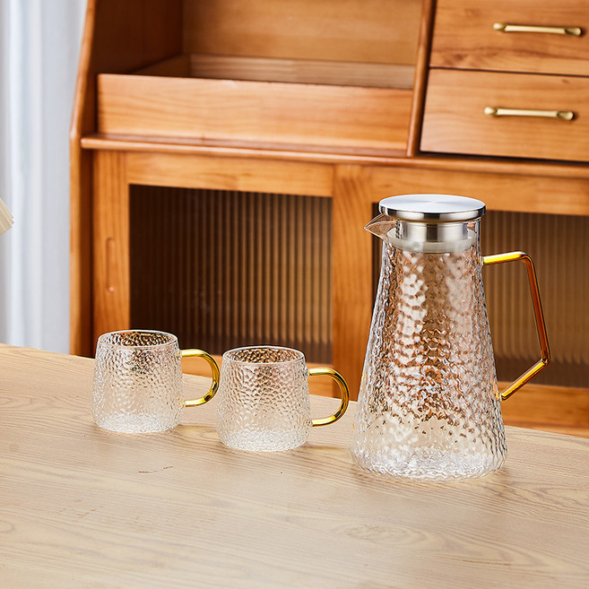 耐熱錘紋玻璃水壺, '錐形雨點壺1850ml 銀蓋款 2杯', 1套, 1850L