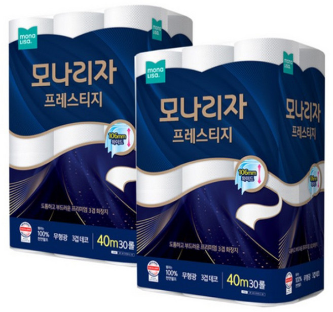 모나리자 프레스티지 천연펄프 3겹 40m 30롤X2팩(60롤) 106mm 와이드 화장지, 30롤, 2세트