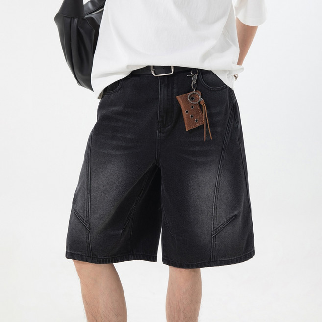 남성 여름 워싱 빈티지 루즈핏 5부 데님 반바지 캐주얼 팬츠