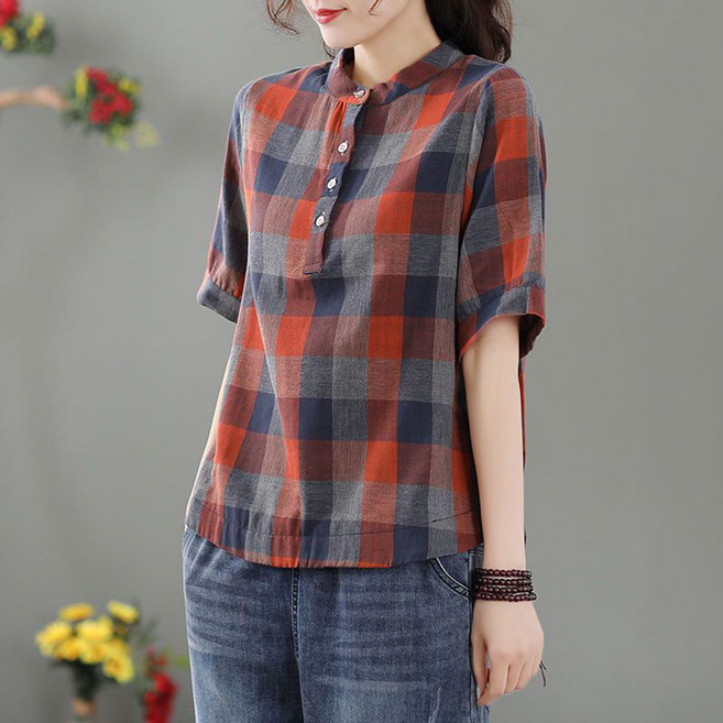 ROYALBELLE 여성 체크무늬 5부소매 셔츠 스탠드넥 중년여성 반팔 셔츠 V032553