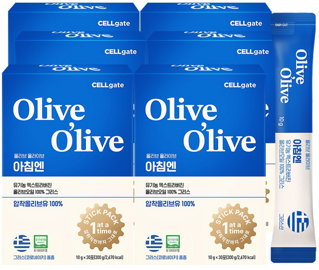 셀게이트 올리브올라이브 아침엔 유기농 엑스트라버진 올리브오일 그리스, 300g, 6개