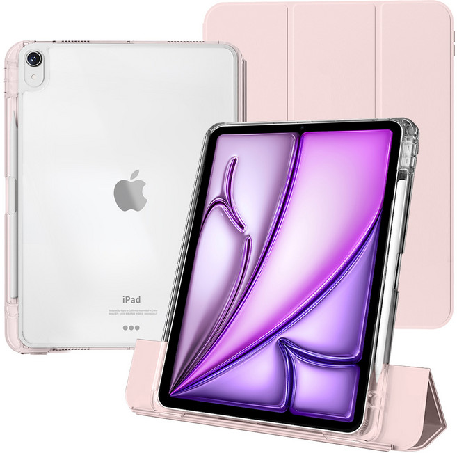 케노 아이패드 세로거치 애플펜슬수납 충전 더블투명케이스, 핑크