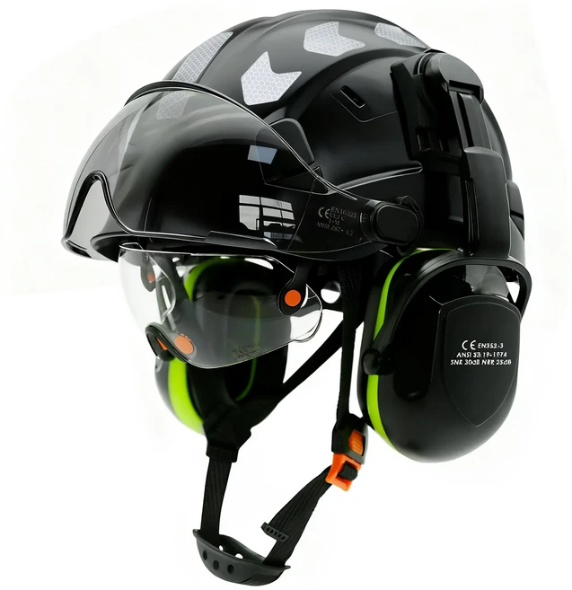 이중 고글이 있는 CE 안전 헬멧 대비 색상 귀마개 소음 반사 스티커 엔지니어용 안전모 산업용 작업 모, 11 Black A Small hole