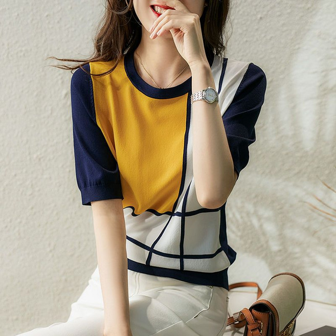 별후이 여성용 여름 빅사이즈 얇은 루즈핏 아이스 니트 반팔 티셔츠 24R07J