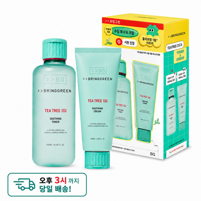 브링그린 티트리 시카 수딩 토너 250ml+크림 100ml 피부 진정 2종 기획 세트, 1세트, 250ml