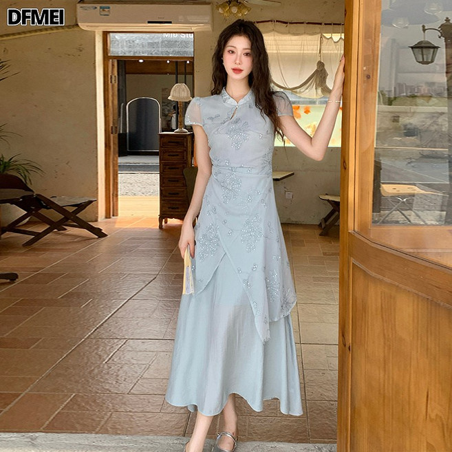 DFMEI 十三行品質 新中式立領斜襟不規則假兩件改良旗袍連衣裙7188