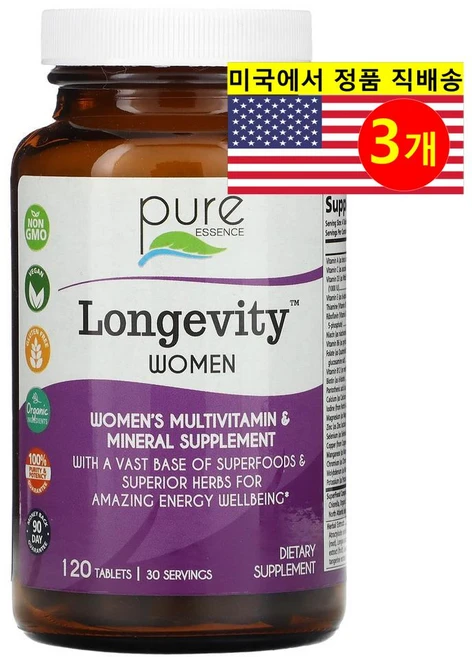 Pure Essence 퓨어 에센스 론제버티 여성용 멀티비타민, 120정, 3개 - 쿠팡