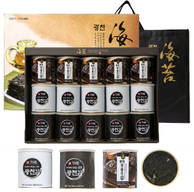 광천김 15캔 3종 혼합 숯불 파래 재래 세번 구운 바삭한 해달음 김 명절 선물세트, 1세트