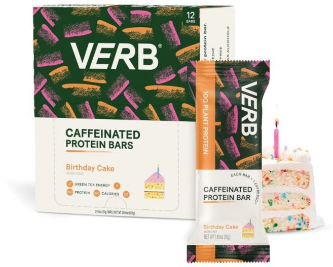 Verb Caffeinated Energy Bar 쿠키 과자 버브 에너지 카페인 함유 바 앤 크림 90칼로리 스낵 영양 비건 녹차 포함 글루텐 프리 아침 식사 16개입 26g, 생일 케이크, 1개 - 쿠팡