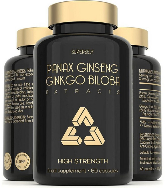 영국 슈퍼셀프 SuperSelf Panax Korean Ginseng 파낙스 진생 & 징코 빌로바 추출물 6000mg 캡슐, 6개, 60정