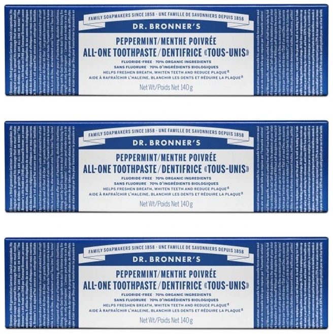 닥터브로너스 Dr. Bronner's 올원 ALL-ONE 치약 페퍼민트 140g - 친환경 유기농 미백, 3개 - 쿠팡