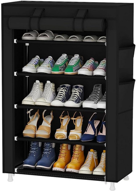 셀럽 신발 정리대 조립식 휴대용 신발 보관대 부직포 커버 포함 옷장 복도 침실 현관에 적합, 5단, Black