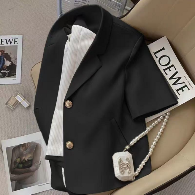 모몰라티 여성 여름 반팔 정장 코트 포켓 정장 상의