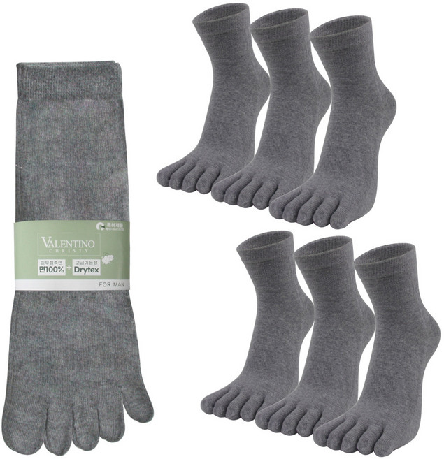 발렌티노크리스티 땀흡수 빠른건조 순면100% + 드라이텍스 남자 발가락양말 6켤레