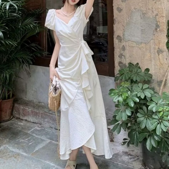 708090 반팔 원피스 여 여름 소프트 프릴 조임 허리 날씬해 보이기