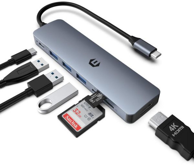 7 in 1 USB C HUB Tymp 노트북 멀티포트 어댑터 허브HDMI 출력 포함 100W 전원 공급 3.0 포트 3개 SDTF 리더 Dell XPSHP표면 및 기타 유형