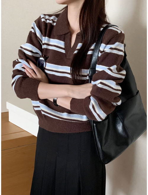 [SM]여성 데일리 스트라이프 카라 니트 럭비 티셔츠 하객룩 출근룩 긴팔니트 루즈핏 박시핏