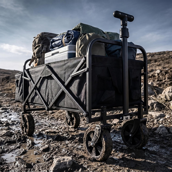 Lofty Life 캠핑웨건 4인치 캠핑카트 접이식 대용량 짐차 아웃도어 핸드카트 안정주행 하중 50kg 컴팩트보관, Black, 1개