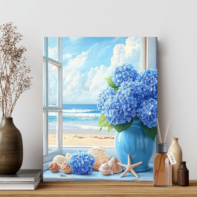 티레오 보석십자수캔버스형 40x50cm 큐빅 비즈 보석십자수 캔버스 액자형 대형 비즈십자수 인테리어 그림, M05 수국 바다, 1개