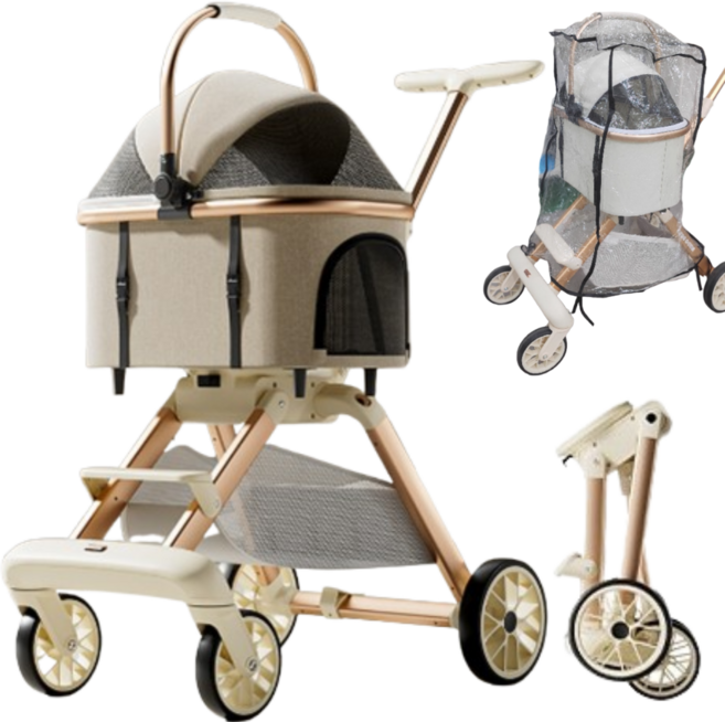 프라홈 개모차 원터치 접이식 폴딩 우비 방한코트 강아지 유모차, 베이지