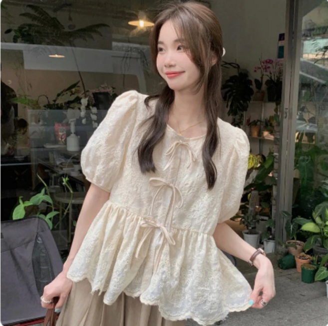 여성 세련된 레이스 크로셰 버블 루즈한 반팔 셔츠 블라우스