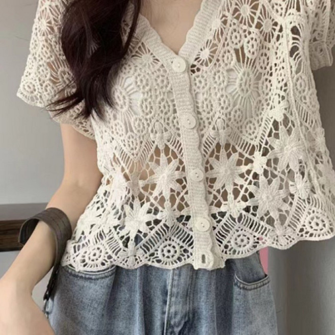 데일리앤 루엘드 여름 크로쉐 베스트 캡소매 레이어드 세미크롭 뜨개 크로셰 펀칭 그물니트 조끼 커버업