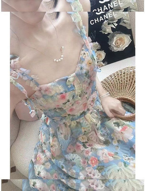 法式碎花設計感吊帶連衣裙，立體花朵蝴蝶仙氣蓬蓬裙, 碎花長裙（碎花）【模特同款】,L, 碎花長裙（碎花）【模特同款】