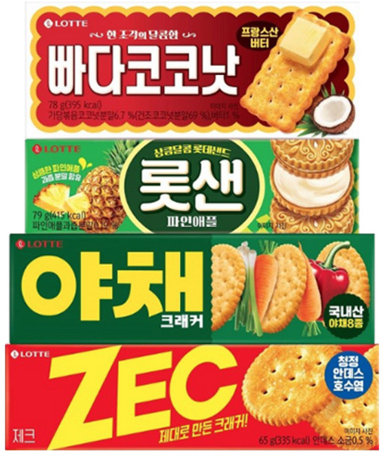 롯데웰푸드 빠다코코낫 78g + 롯샌 파인애플 79g + 야채 크래커 55g + 제크 65g 세트, 1세트