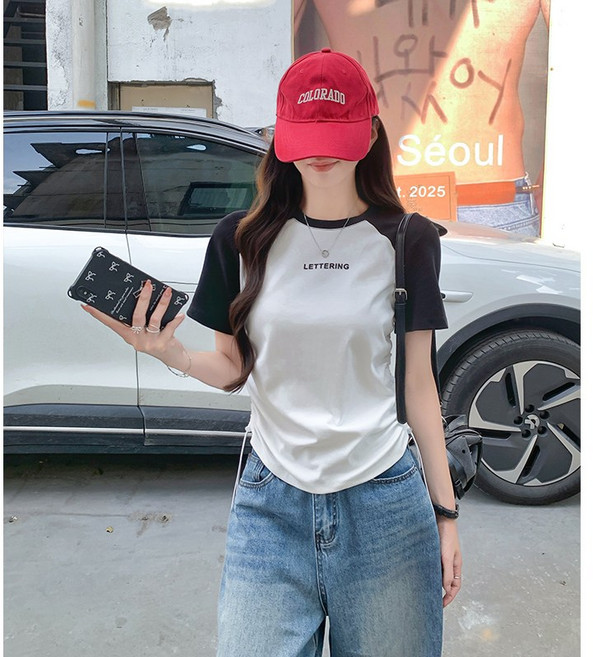 IBOY UGIRL XU0112C 여성 여름 슬림핏 스트링 순면 반팔 티셔츠